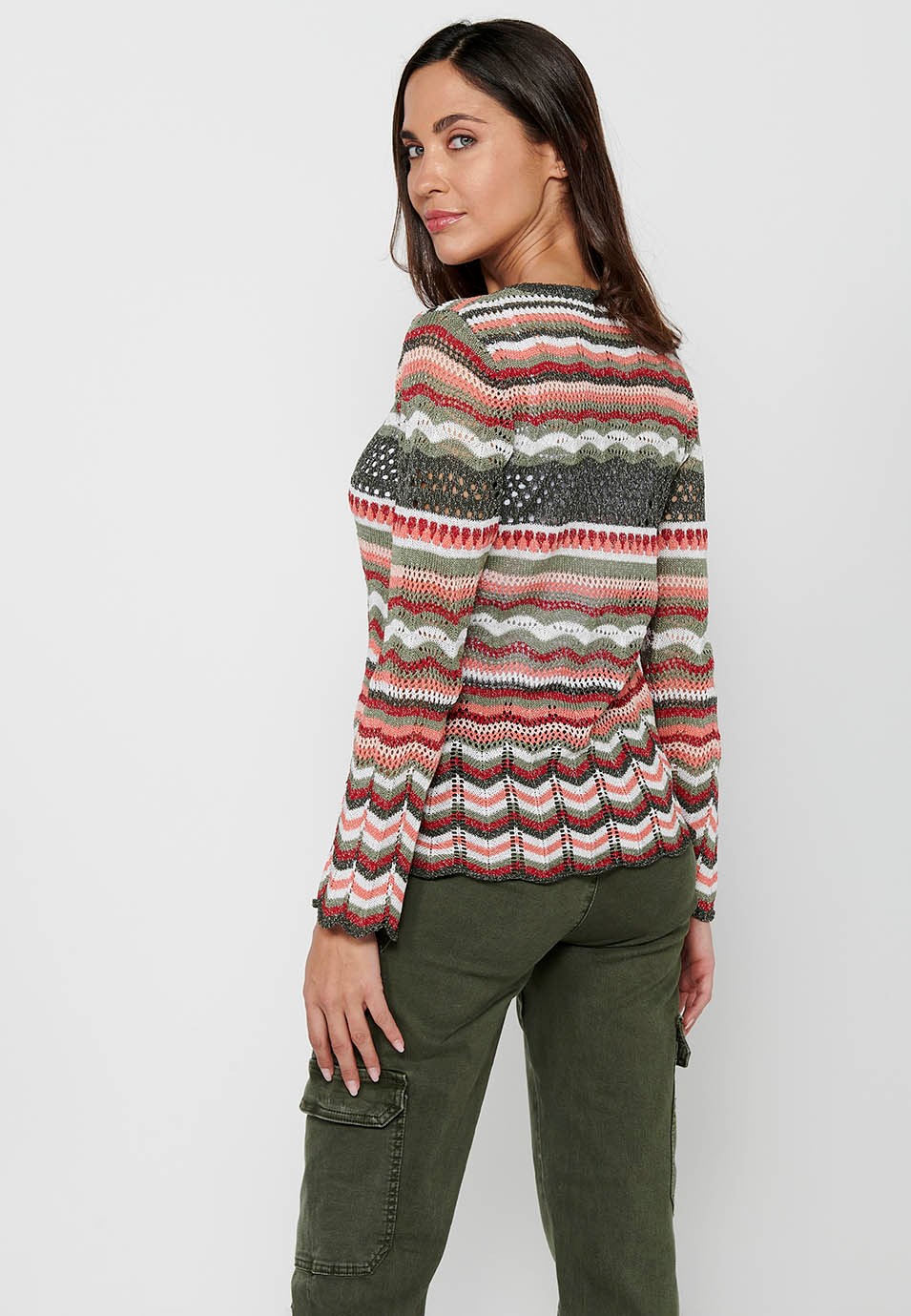 Women's Multicolor Striped Openwork Tricot Round Neck Long Sleeve Sweater 5