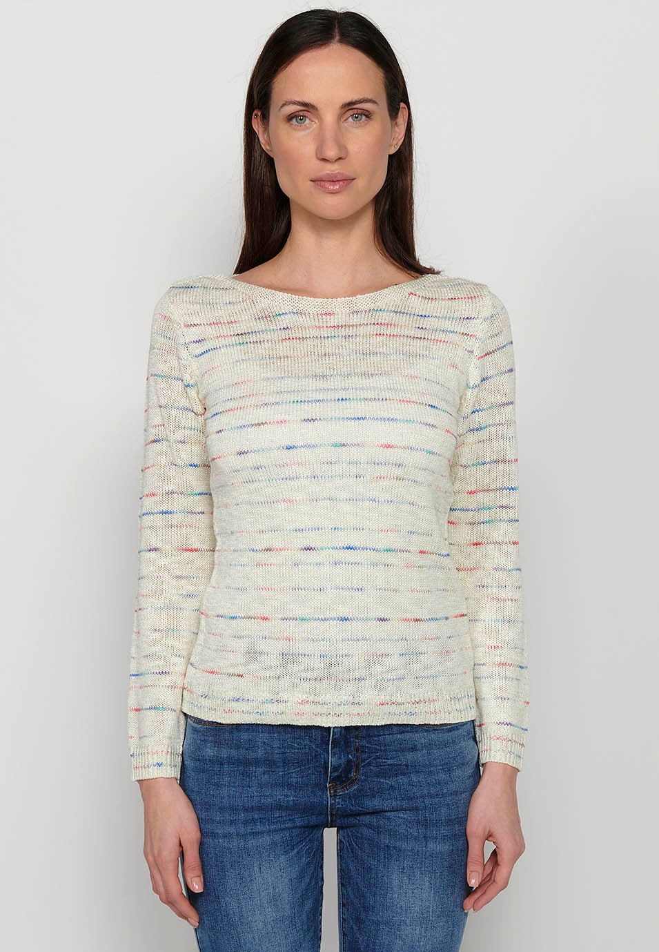 Long-sleeved, round-neck, off-white heather sweater for women