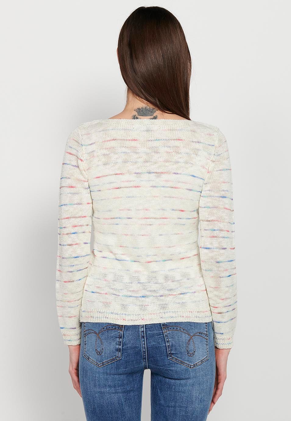 Pull chiné blanc cassé, manches longues, col rond, pour femme