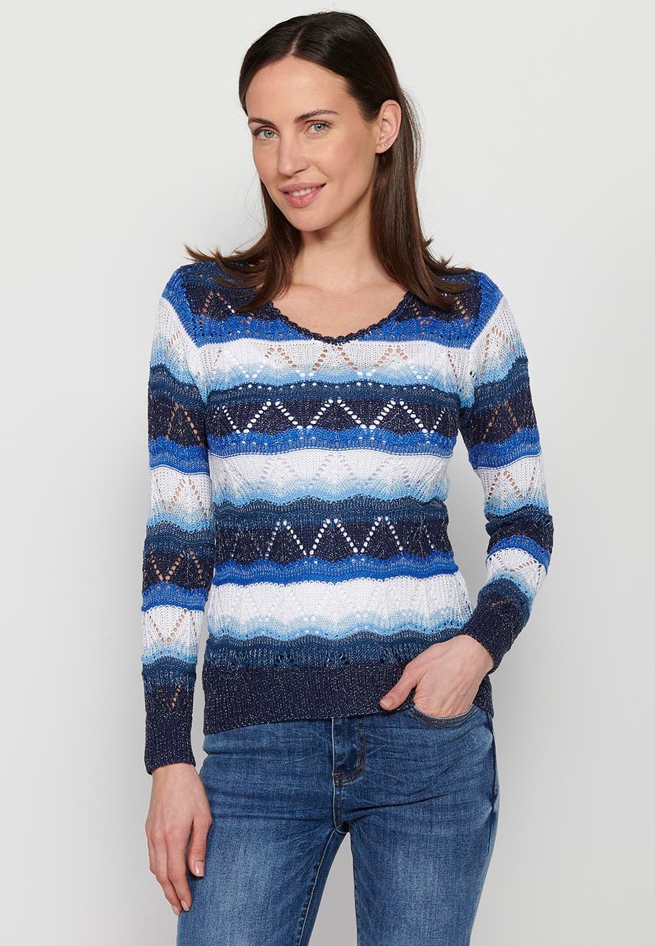 Langärmliger, marineblau gestreifter Pullover mit V-Ausschnitt für Damen