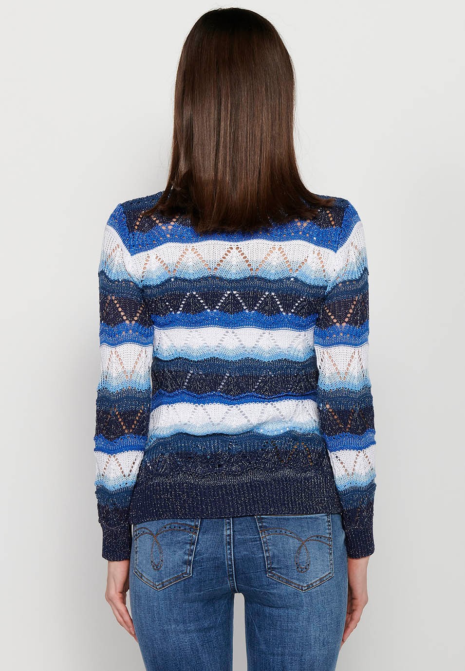 Pull manches longues, col V, rayé marine pour femme