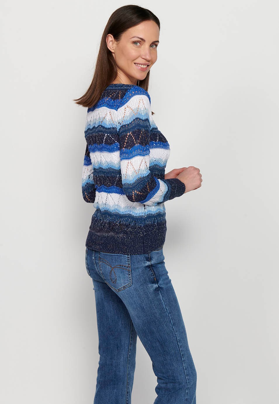 Langärmliger, marineblau gestreifter Pullover mit V-Ausschnitt für Damen