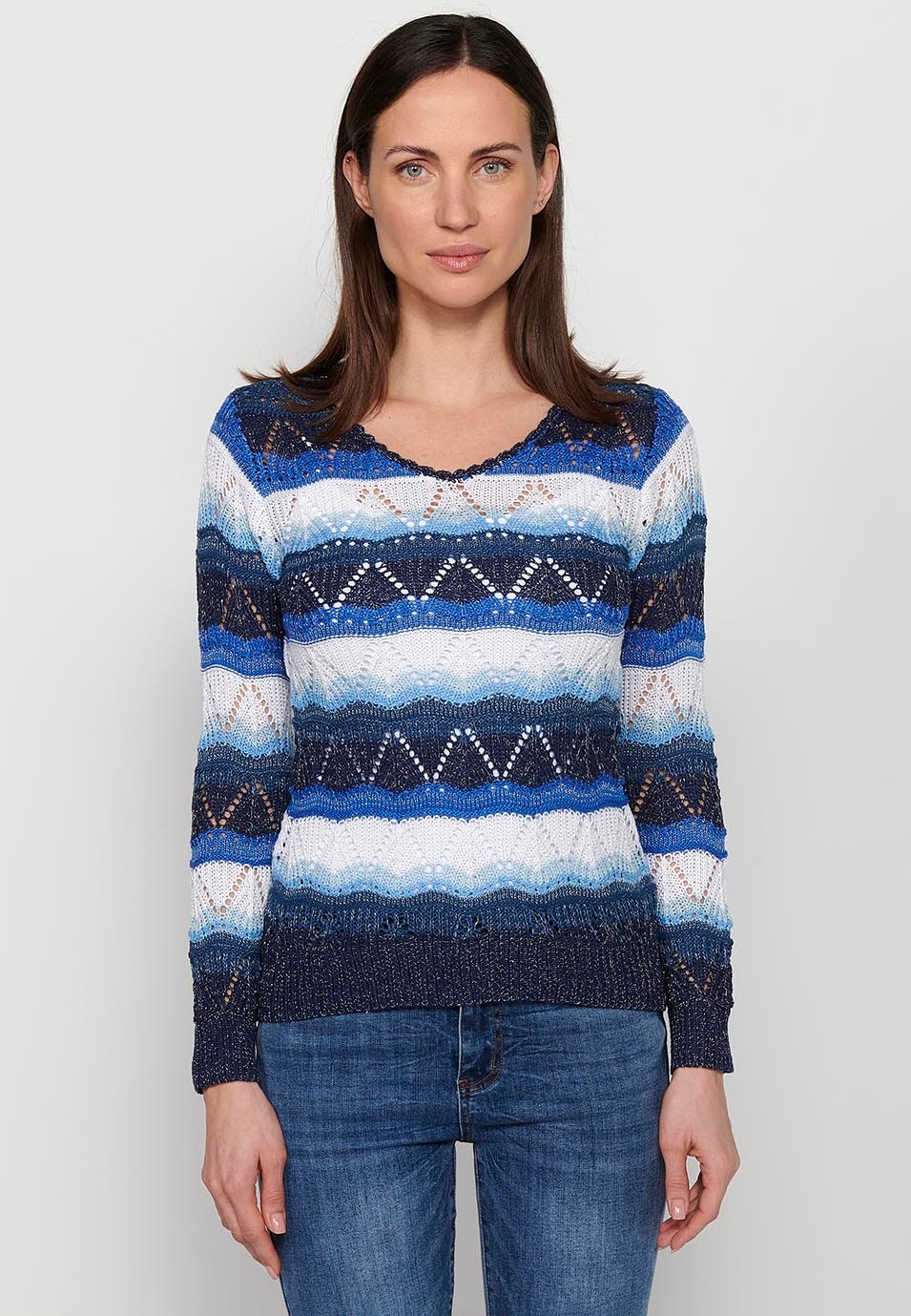 Pull manches longues, col V, rayé marine pour femme