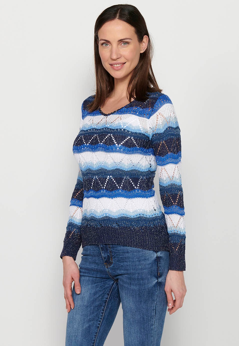 Long-sleeved, V-neck, navy striped sweater for women