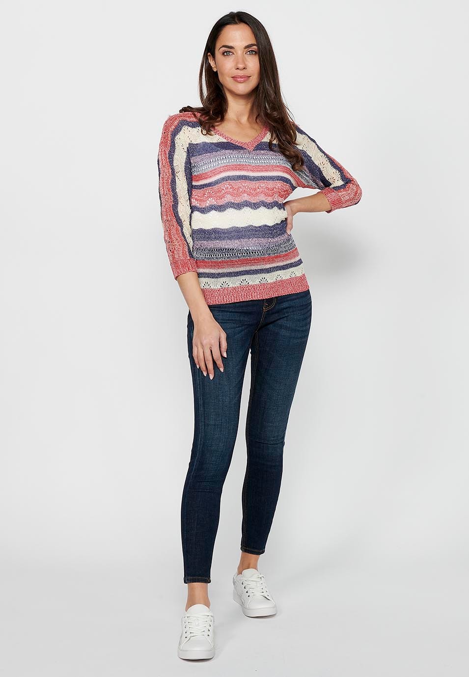 Medium sleeve sweater with V-neck. Multicolor Striped Openwork Tricot for Women 4