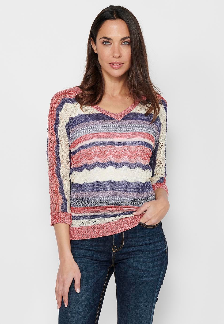 Medium sleeve sweater with V-neck. Multicolor Striped Openwork Tricot for Women 2
