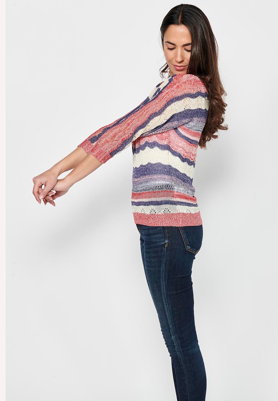 Medium sleeve sweater with V-neck. Multicolor Striped Openwork Tricot for Women 8