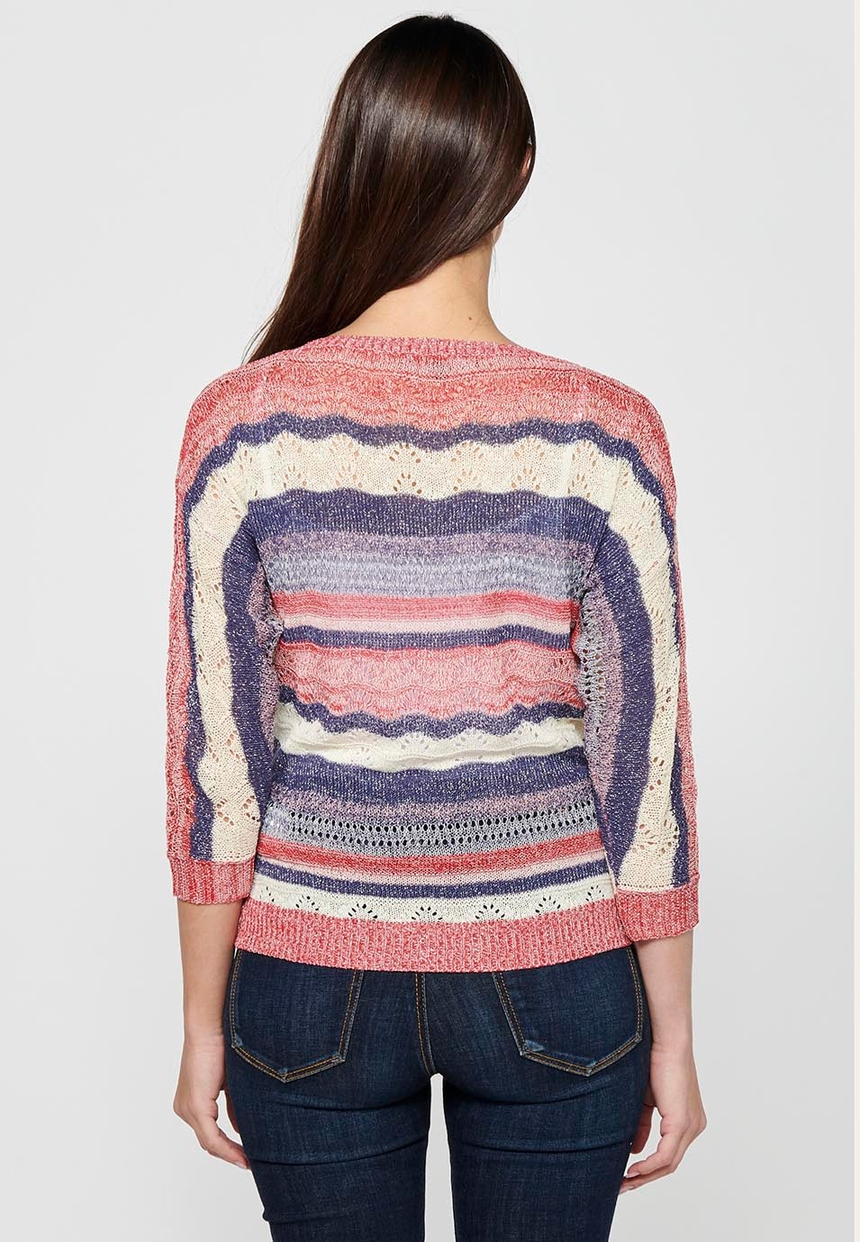 Medium sleeve sweater with V-neck. Multicolor Striped Openwork Tricot for Women 7