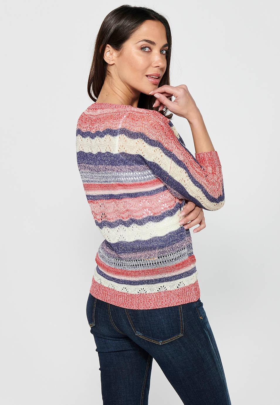 Medium sleeve sweater with V-neck. Multicolor Striped Openwork Tricot for Women 5