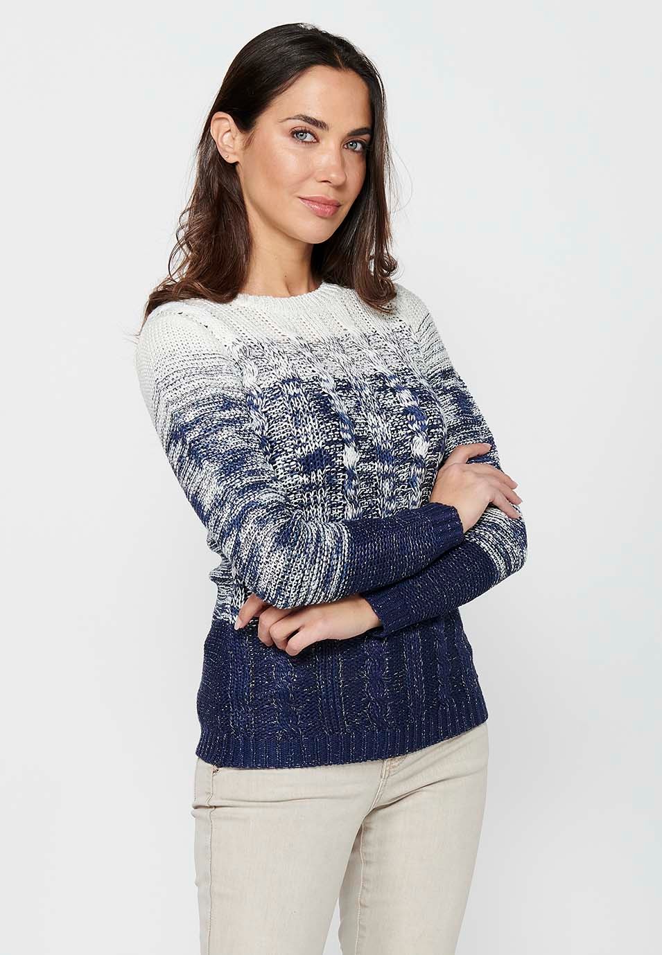 Long sleeve sweater with round neck. Tricot with three gradient stripes in Navy Color for Women