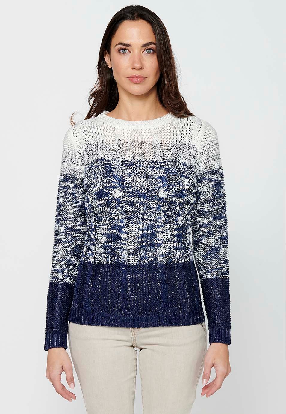 Long sleeve sweater with round neck. Tricot with three gradient stripes in Navy Color for Women 1