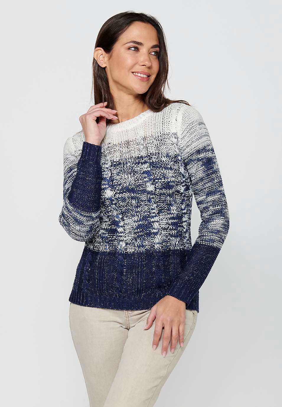 Long sleeve sweater with round neck. Tricot with three gradient stripes in Navy Color for Women 2
