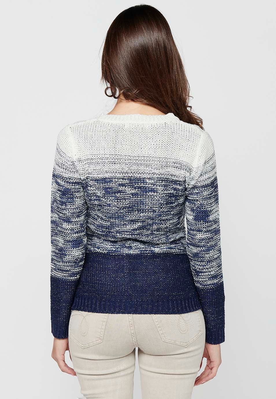 Jersey de manga larga con Cuello redondo. Tricot a tres rayas degradadas de Color Navy para Mujer 5