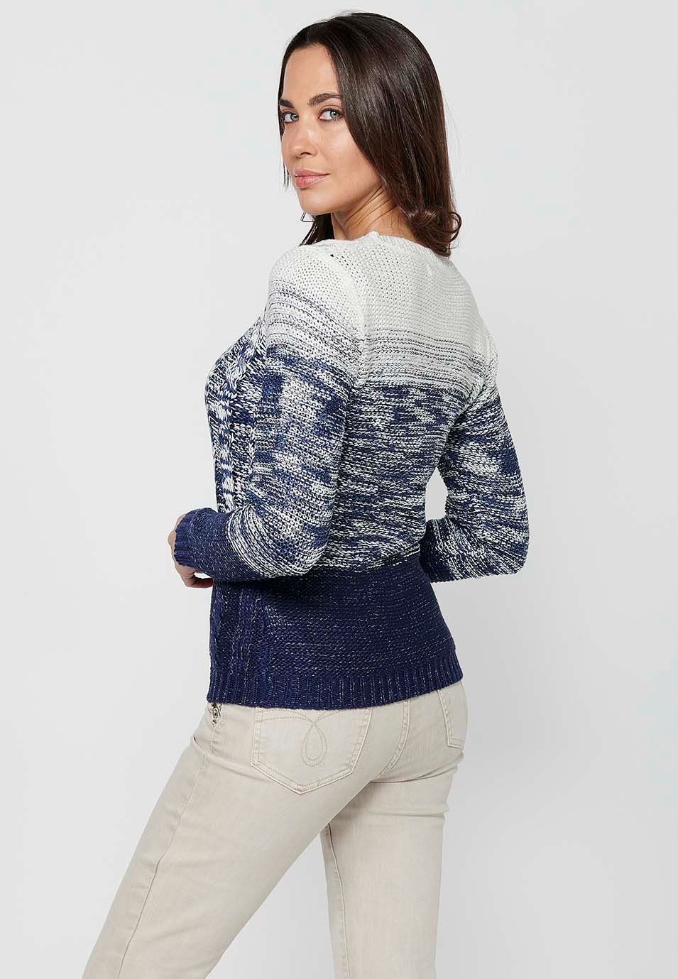 Jersey de manga larga con Cuello redondo. Tricot a tres rayas degradadas de Color Navy para Mujer 7