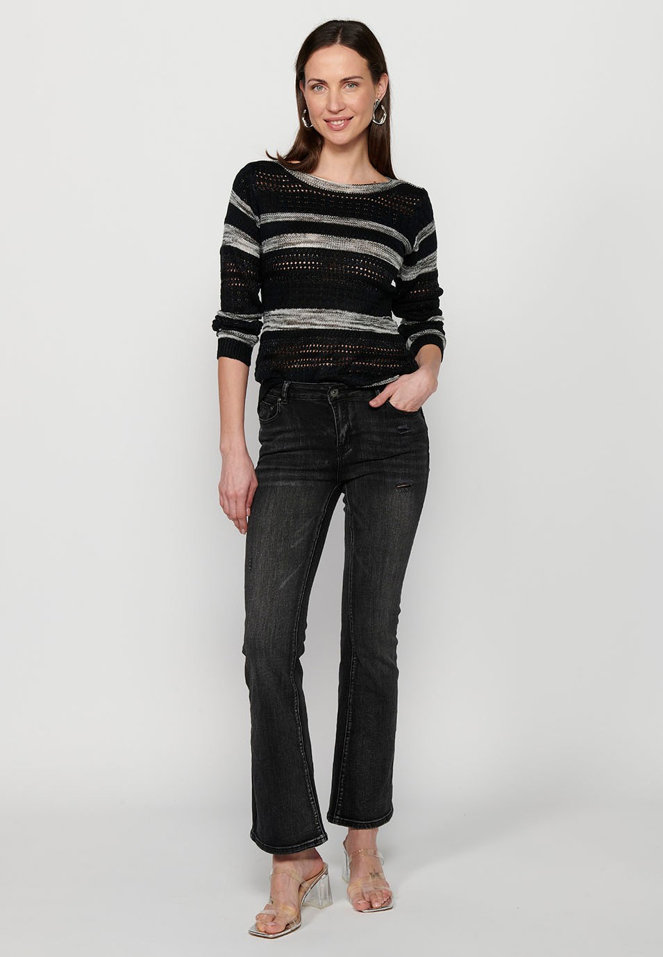 Women's Black Round Neck Striped Textured Long Sleeve Sweater