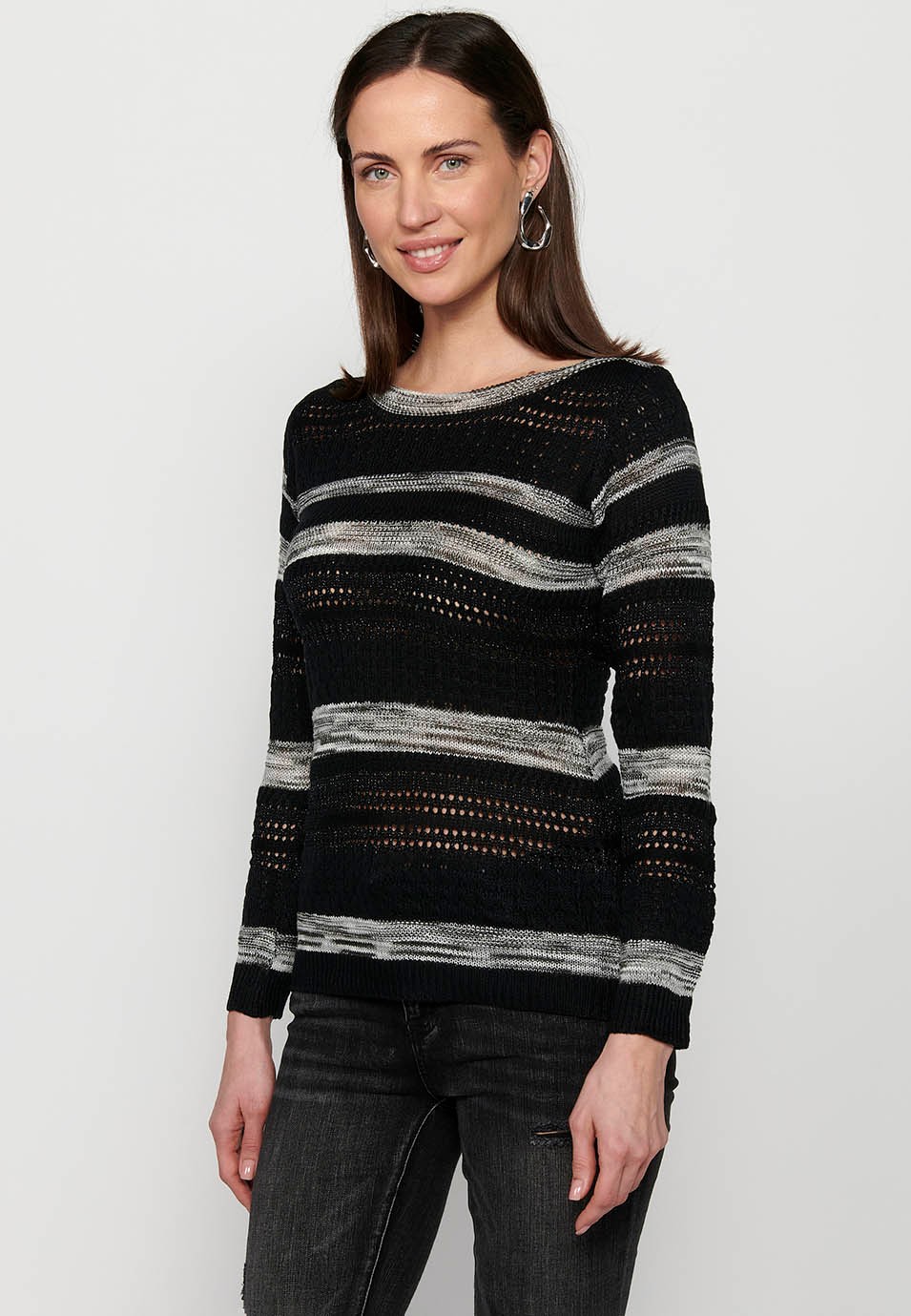 Schwarzer, langärmeliger, gestreifter, strukturierter Rundhalspullover für Damen