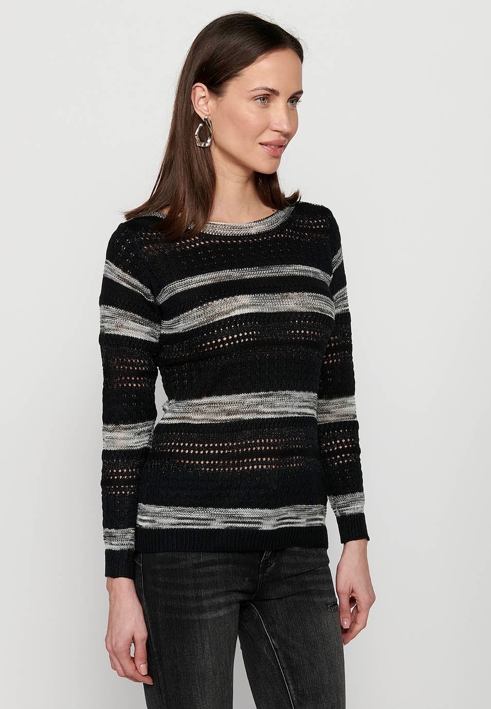 Schwarzer, langärmeliger, gestreifter, strukturierter Rundhalspullover für Damen