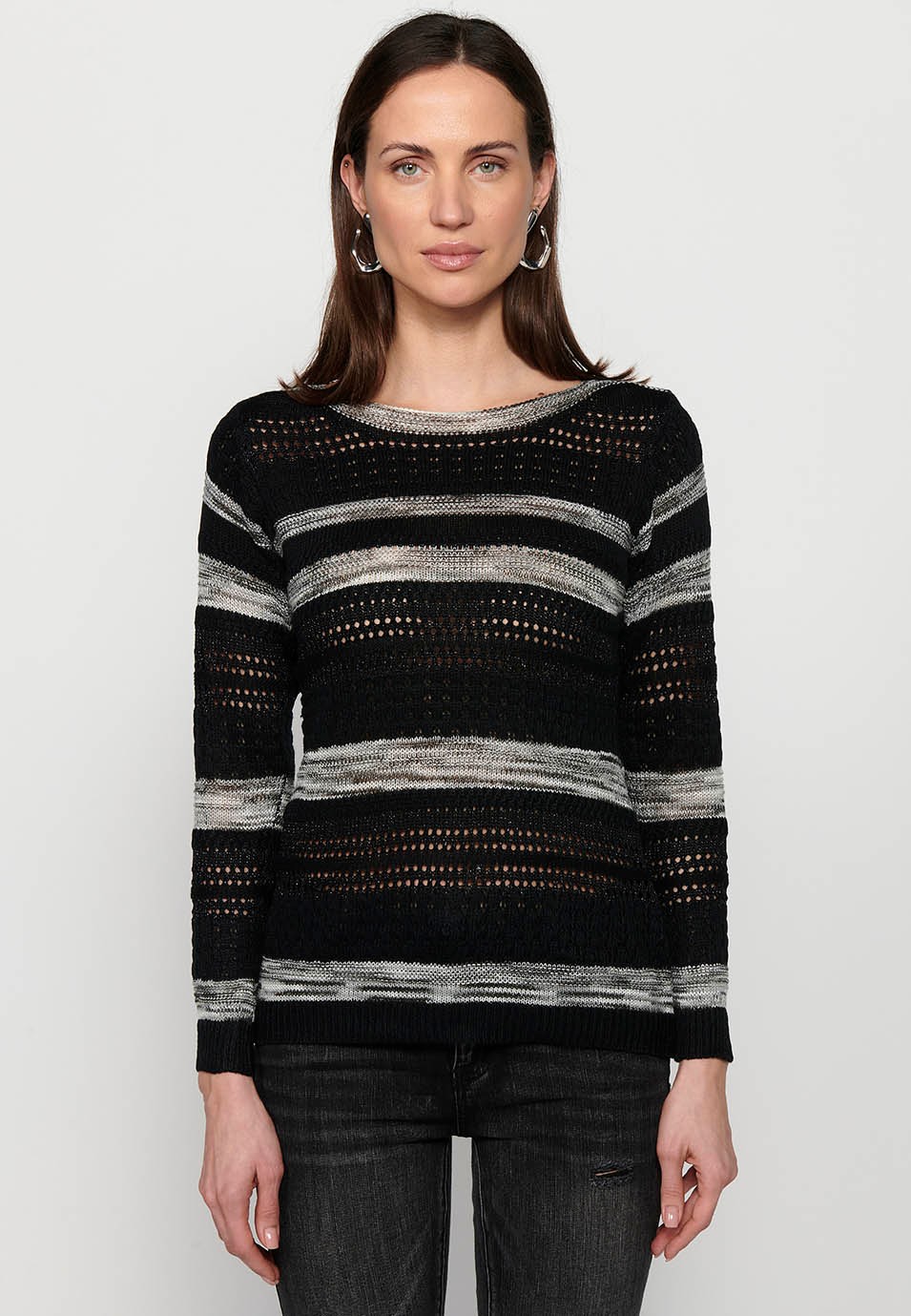 Schwarzer, langärmeliger, gestreifter, strukturierter Rundhalspullover für Damen