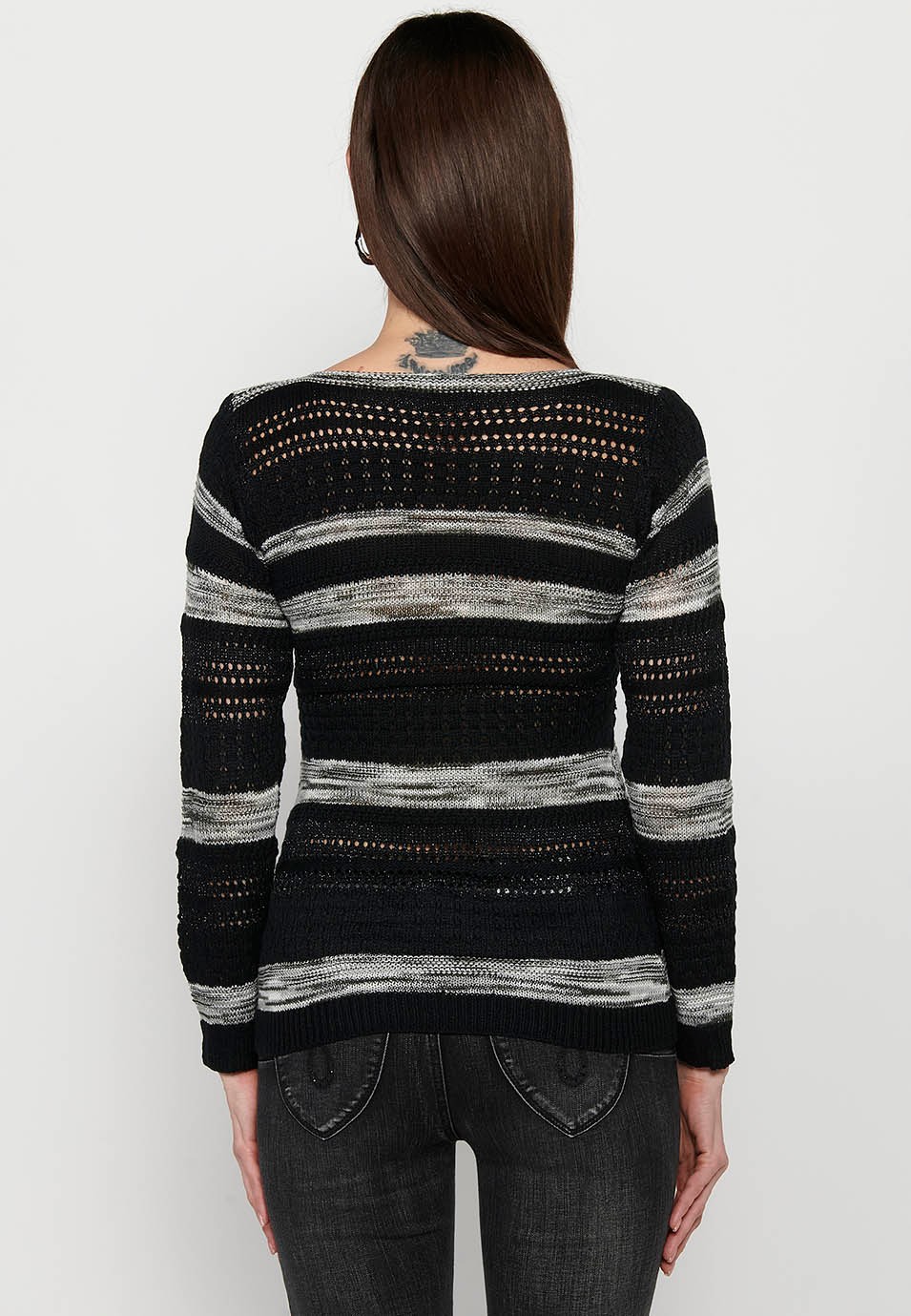 Schwarzer, langärmeliger, gestreifter, strukturierter Rundhalspullover für Damen