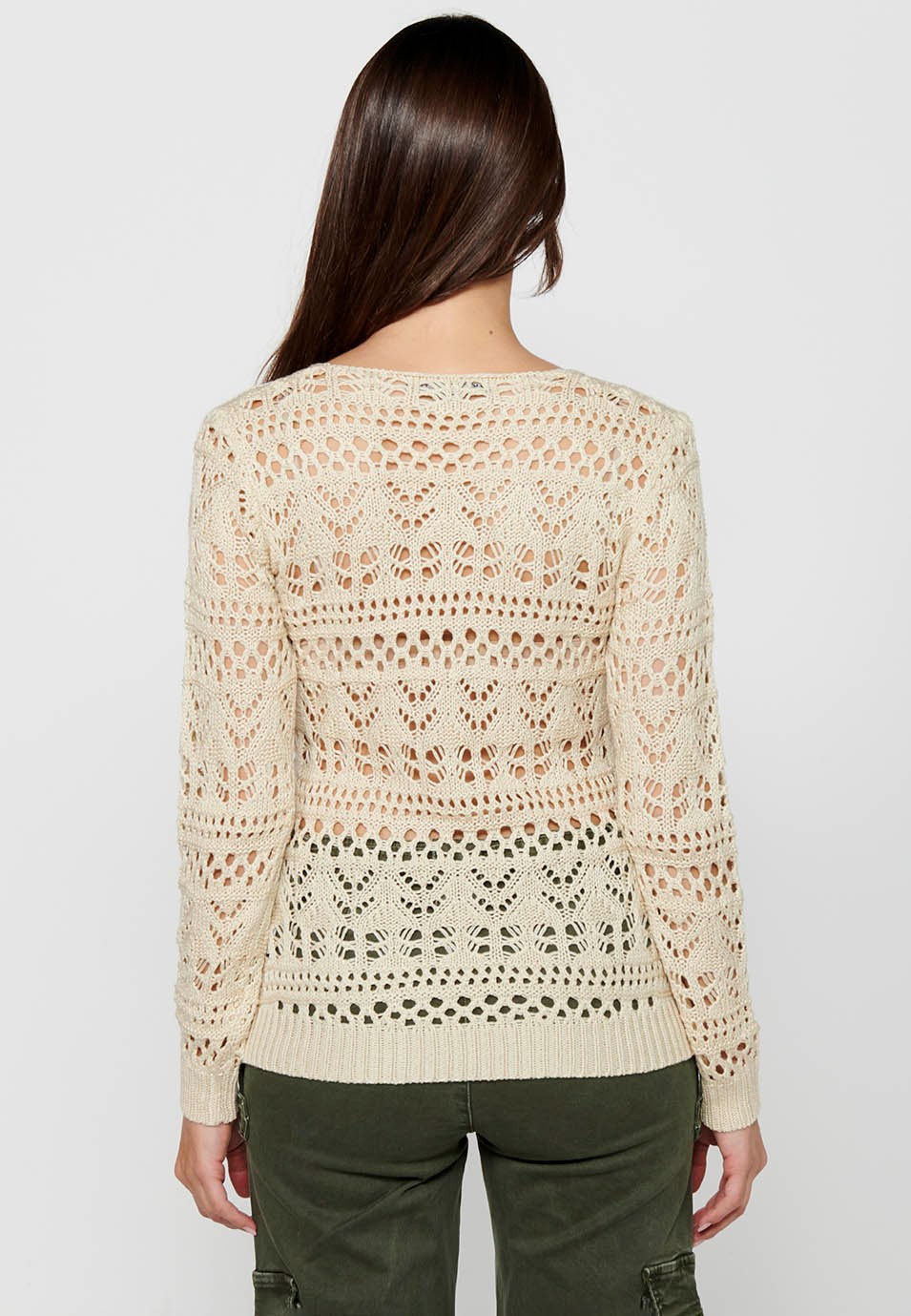 Jersey de manga larga con Cuello redondo. Tricot calado de Color Beige para Mujer 1