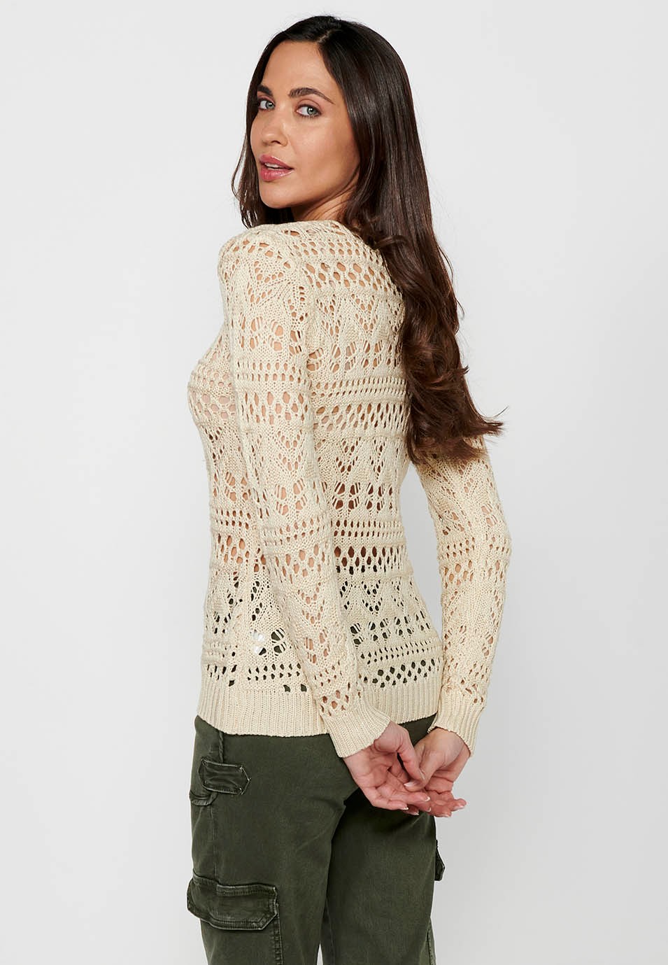 Long sleeve sweater with round neck. Beige Openwork Tricot for Women 8