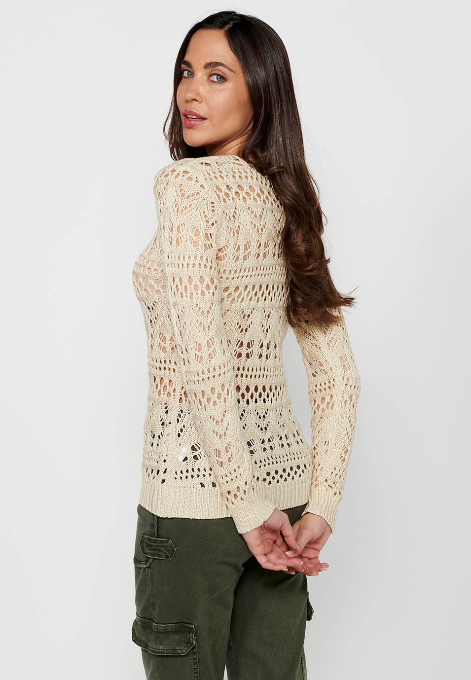 Pull à manches longues et col rond. Tricot Ajouré Beige pour Femme 8