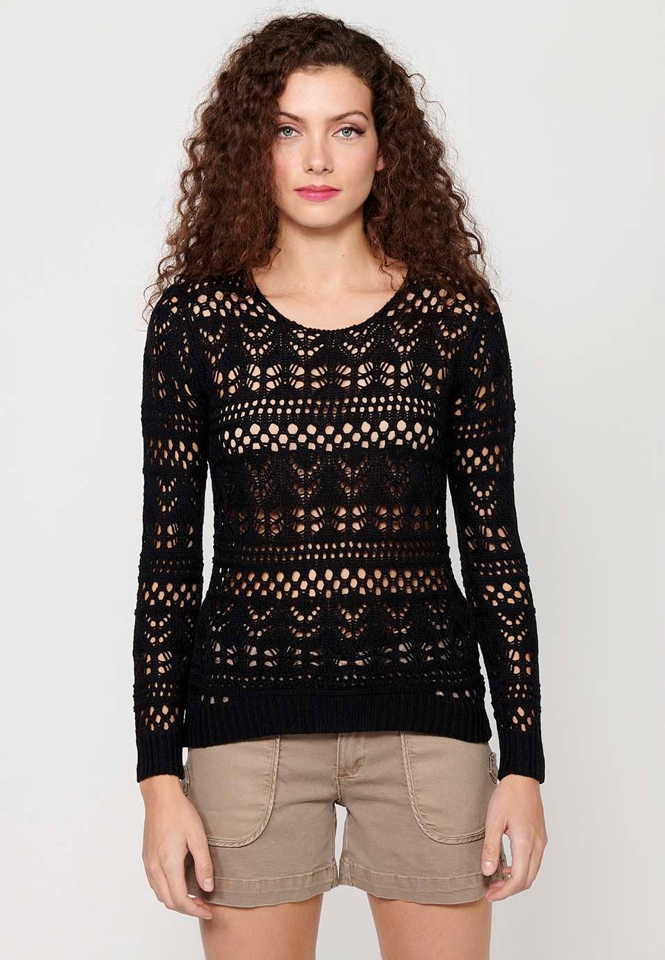 Jersey de manga larga con Cuello redondo. Tricot calado de Color Negro para Mujer 3