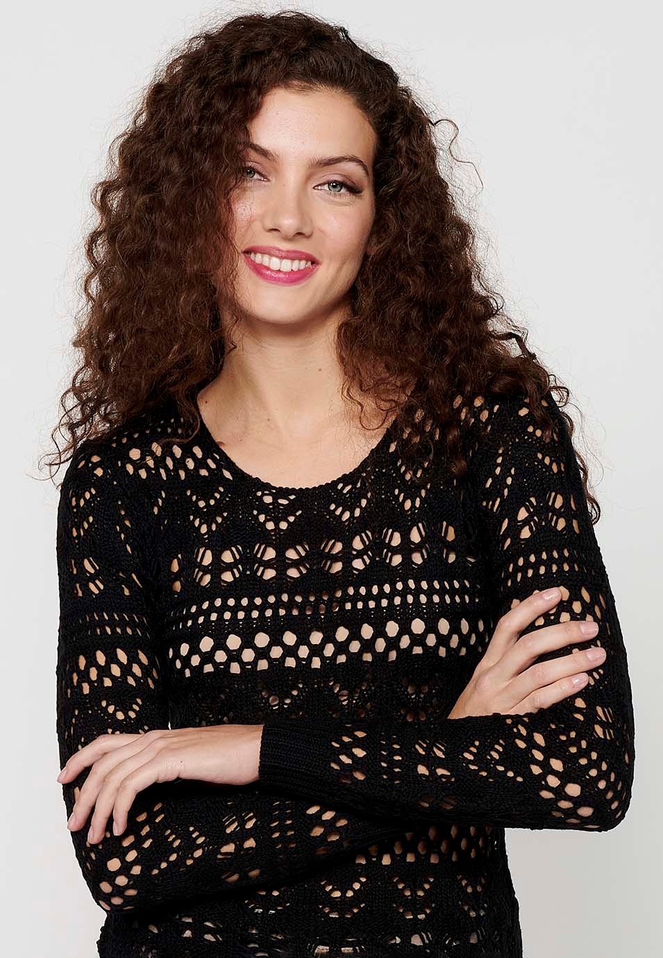 Long sleeve sweater with round neck. Black Openwork Tricot for Women 4
