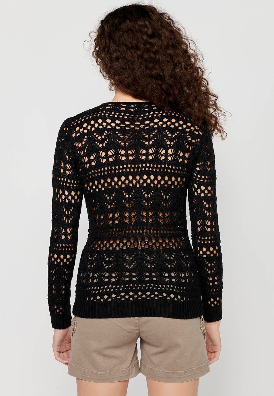 Pull à manches longues et col rond. Tricot ajouré noir pour femme 8