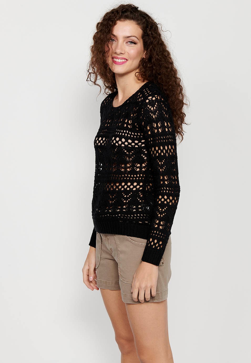 Long sleeve sweater with round neck. Black Openwork Tricot for Women 7