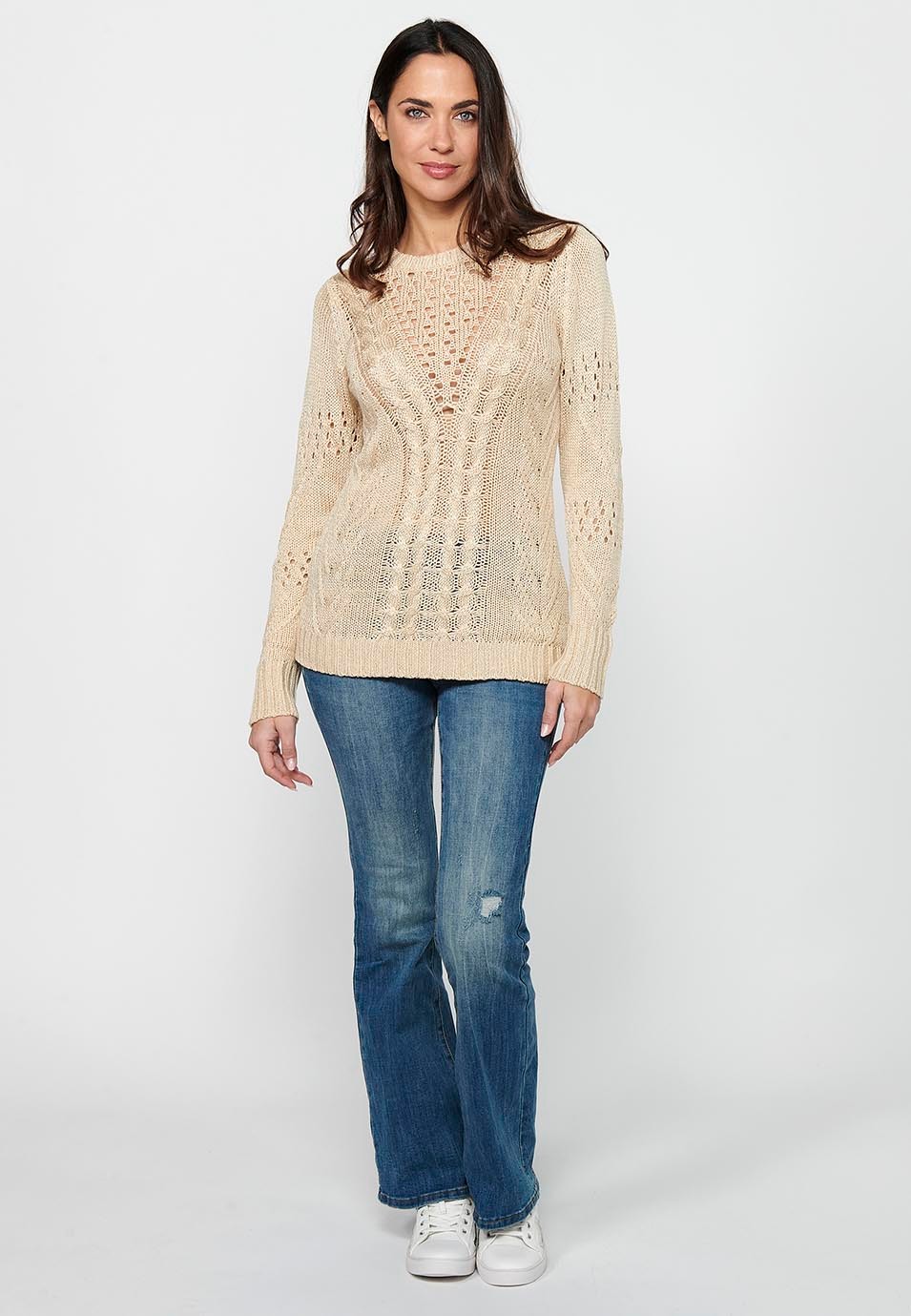 Long sleeve sweater with round neck. Beige Openwork Front Tricot for Women 2