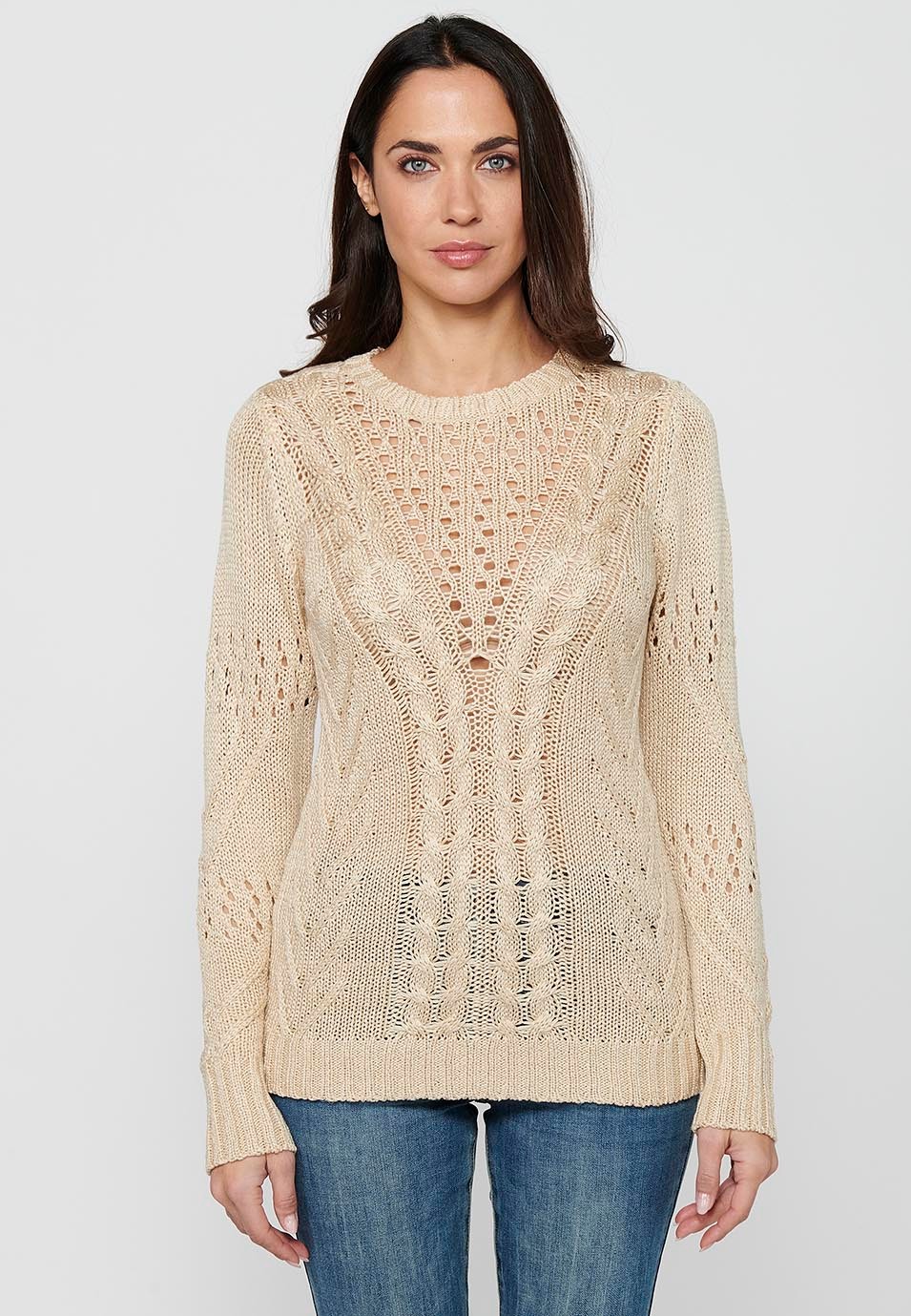Long sleeve sweater with round neck. Beige Openwork Front Tricot for Women 3