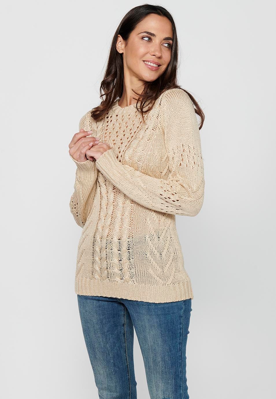 Long sleeve sweater with round neck. Beige Openwork Front Tricot for Women 7