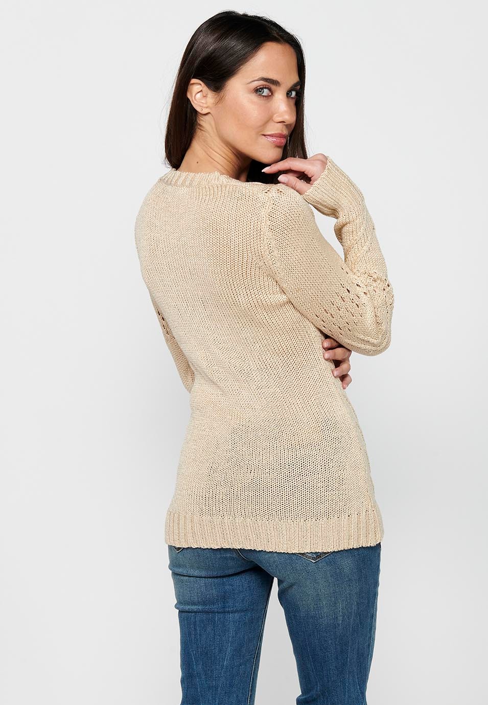 Long sleeve sweater with round neck. Beige Openwork Front Tricot for Women 8