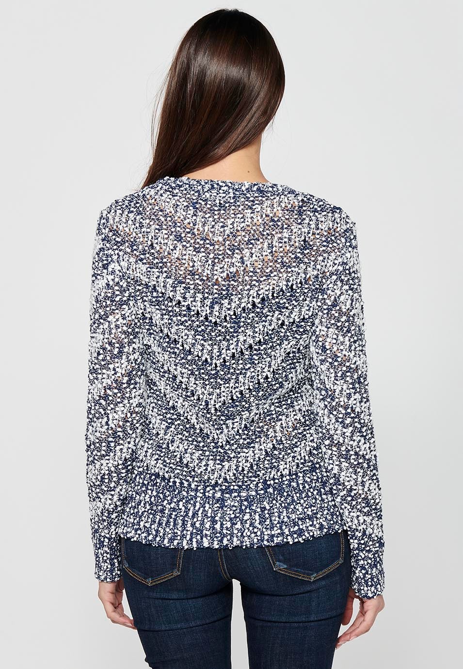 Pull à manches longues et col rond. Tricot rayé bleu marine pour femme 4