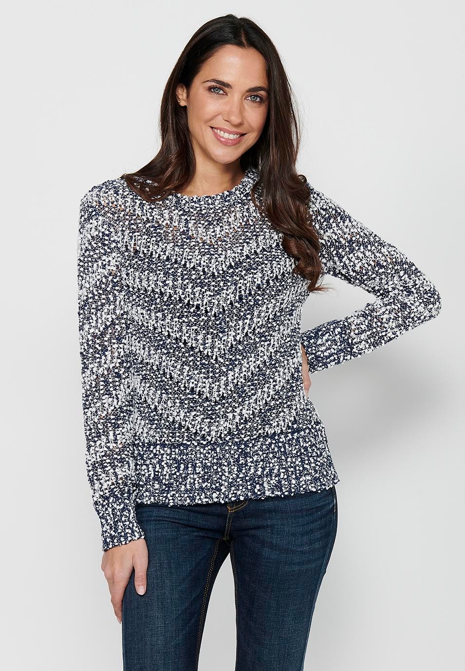 Jersey de manga larga con Cuello redondo. Tricot a rayas de Color Navy para Mujer 1