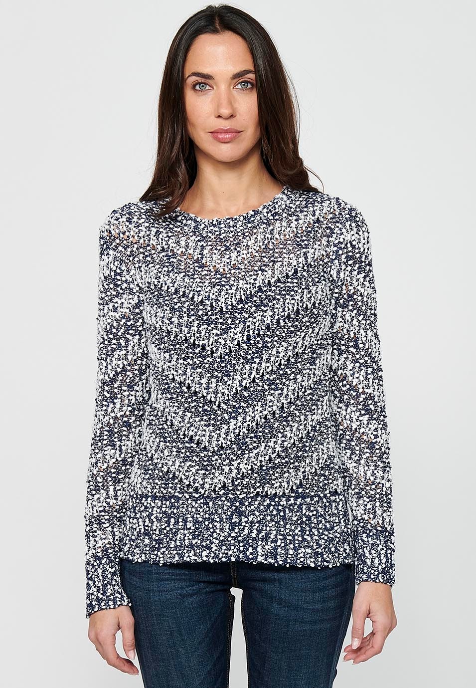 Jersey de manga larga con Cuello redondo. Tricot a rayas de Color Navy para Mujer 5