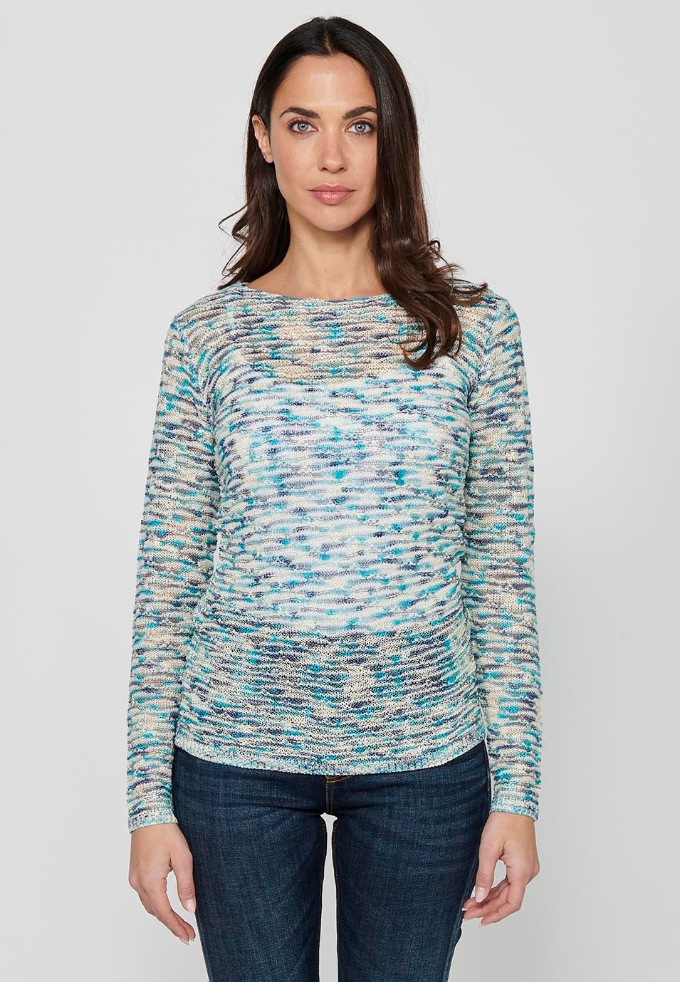Blue Boat Neck Long Sleeve Sweater for Women 2