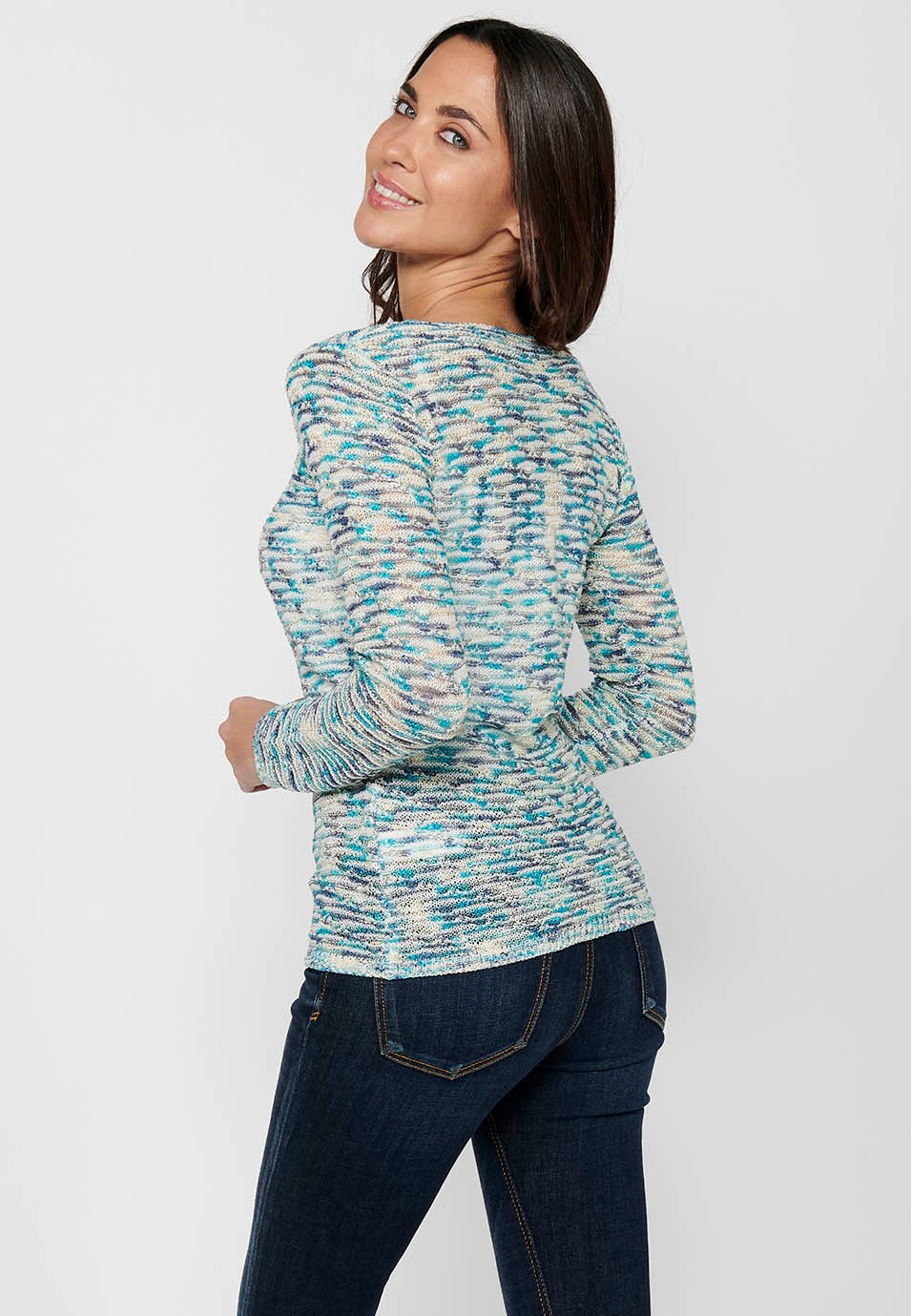 Blue Boat Neck Long Sleeve Sweater for Women 9