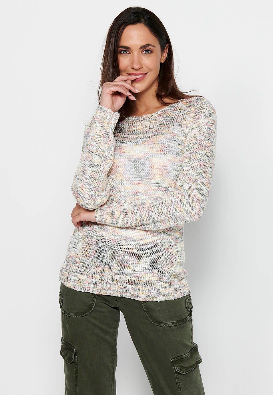 Long sleeve sweater with round neck. Multicolor Marbled Tricot for Women