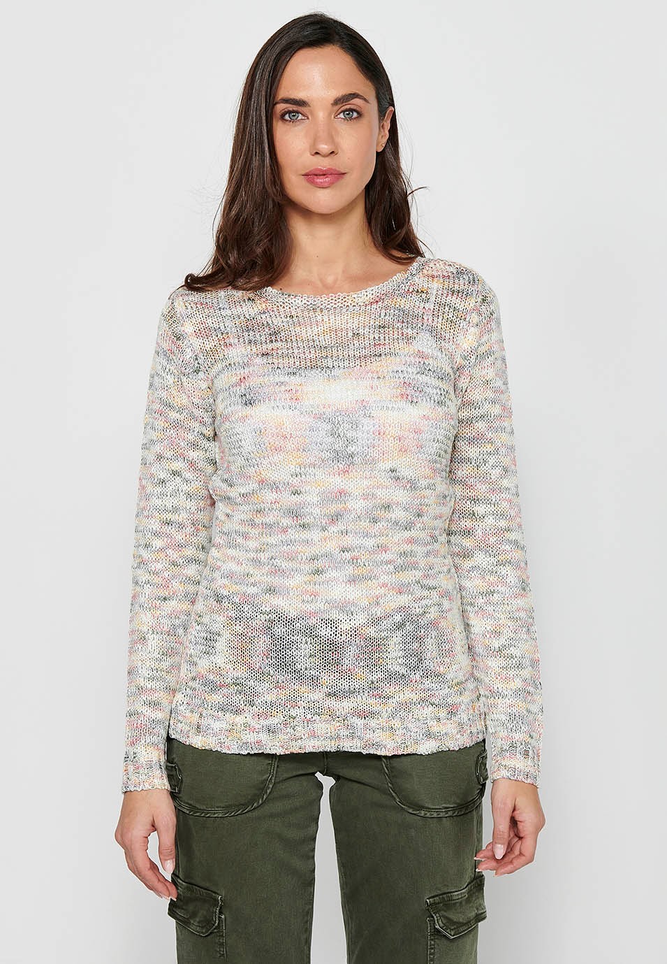 Long sleeve sweater with round neck. Multicolor Marbled Tricot for Women 4