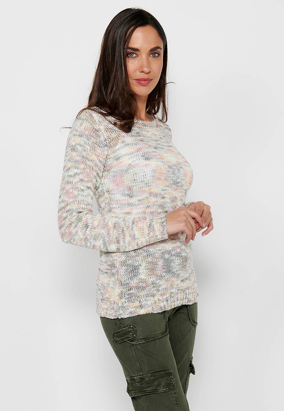 Long sleeve sweater with round neck. Multicolor Marbled Tricot for Women 2