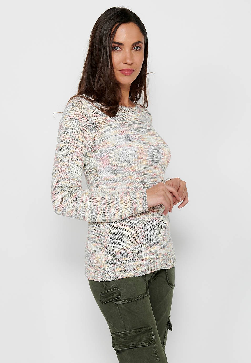 Pull à manches longues et col rond. Tricot marbré multicolore pour femme 2