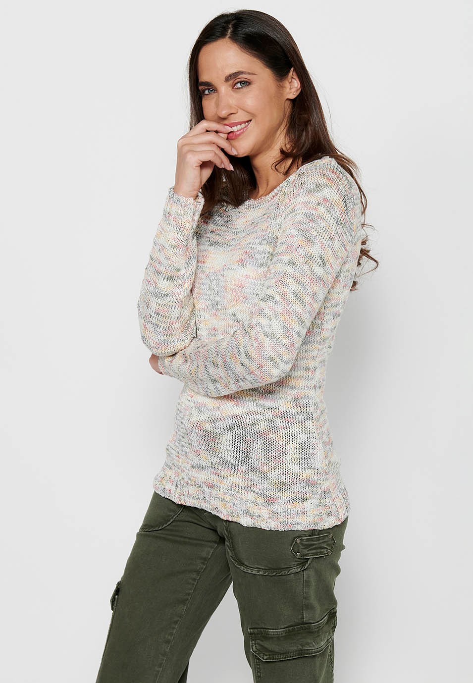 Long sleeve sweater with round neck. Multicolor Marbled Tricot for Women 8