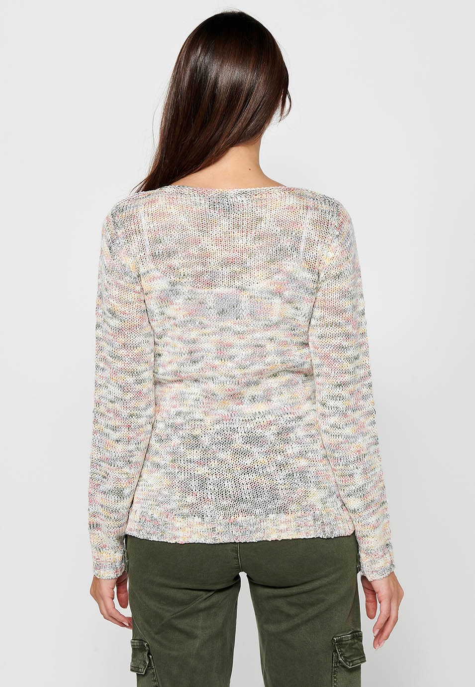 Long sleeve sweater with round neck. Multicolor Marbled Tricot for Women 6