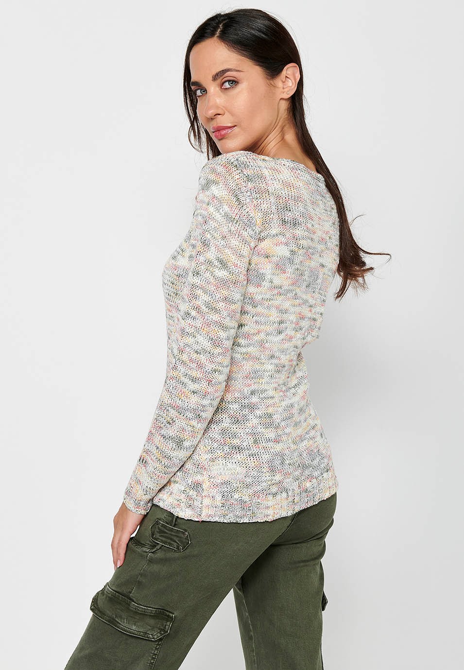 Long sleeve sweater with round neck. Multicolor Marbled Tricot for Women 5