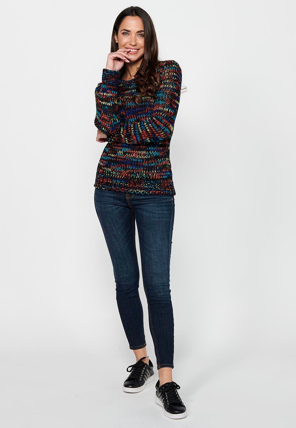 Round neck long sleeve sweater. Multicolor Striped Tricot for Women 2