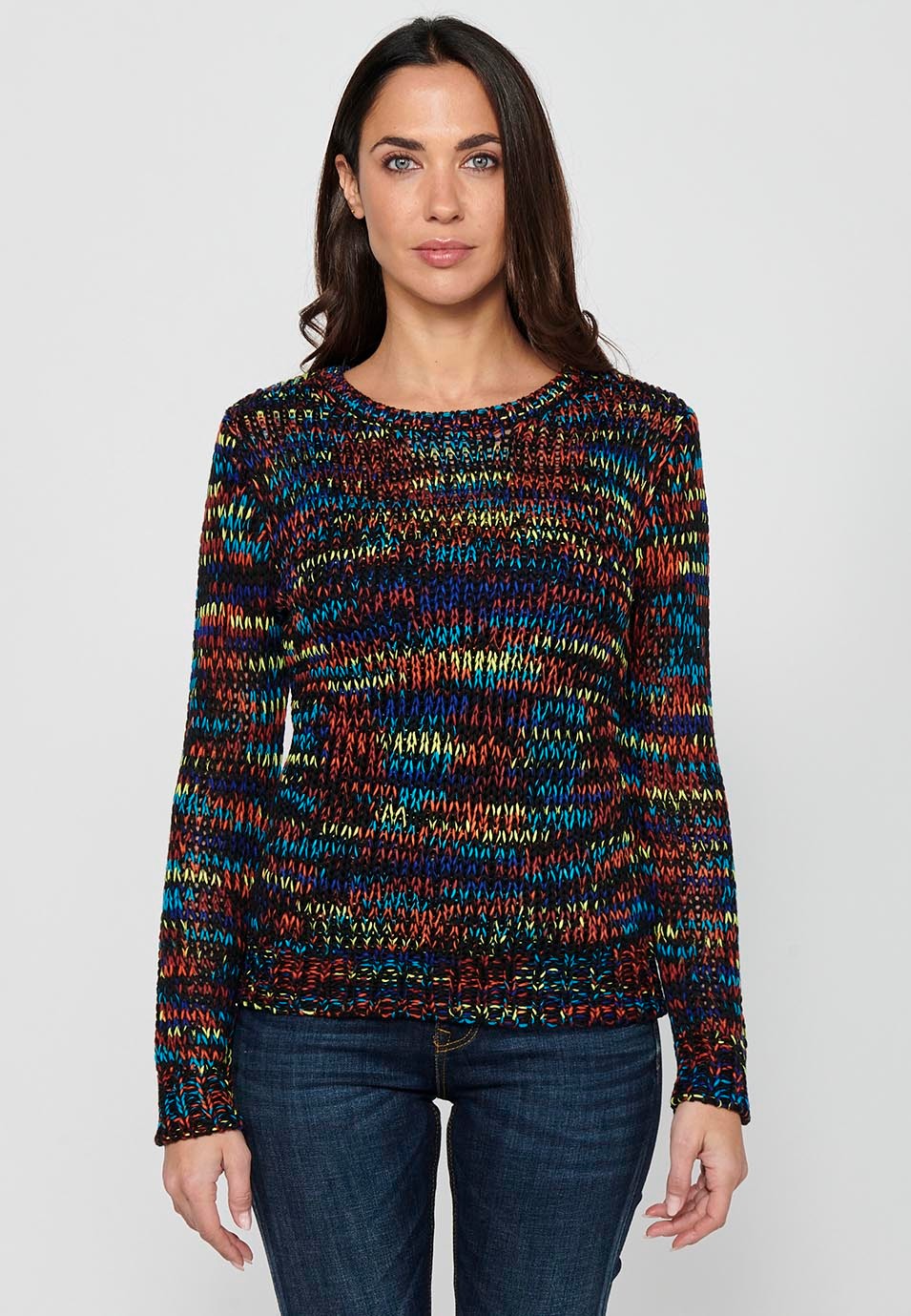Round neck long sleeve sweater. Multicolor Striped Tricot for Women 4