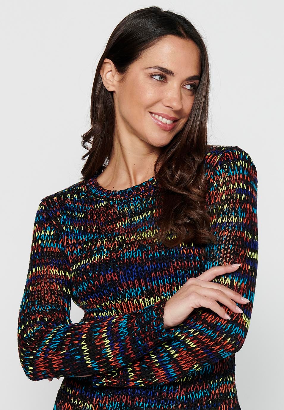 Round neck long sleeve sweater. Multicolor Striped Tricot for Women 3