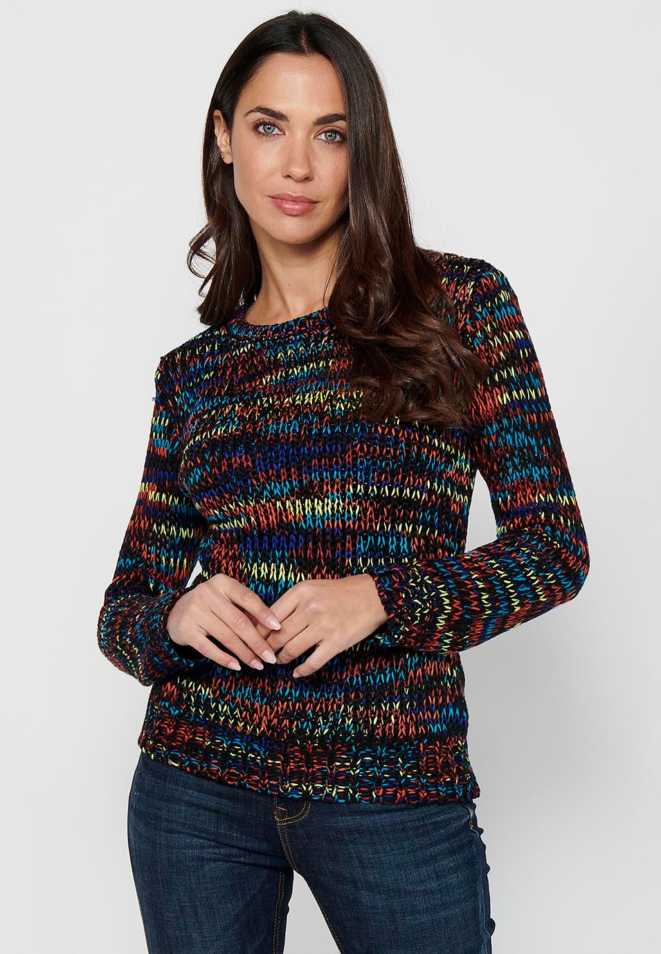 Round neck long sleeve sweater. Multicolor Striped Tricot for Women 1